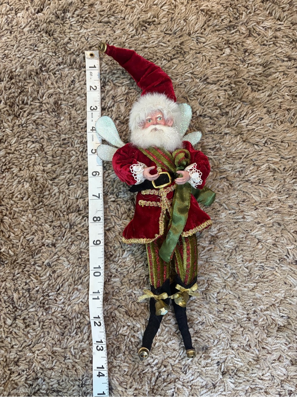 Mark Roberts Festive Red Velvet Santa Elf Ornament with Green Accents